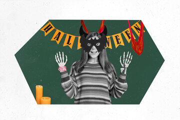 Collage brochure image of funky cruel girl wear masque play halloween game showing creepy hands isolated on drawing background