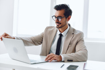 Man laptop happy businessman worker winner business suit office background job technology white