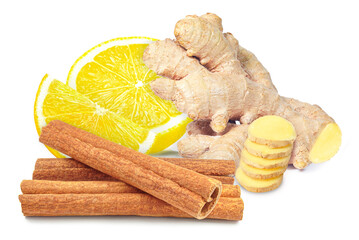 ginger, cinnamon and lemon isolated on white background