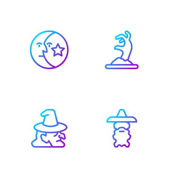 Set line Wizard warlock, Witch, Moon and stars and Zombie hand. Gradient color icons. Vector
