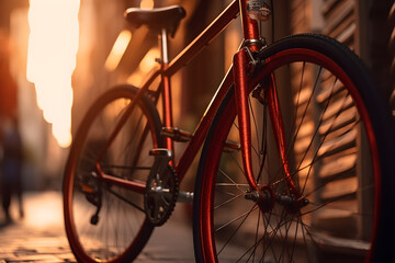 Bicycles in the city at sunset, close-up. Cycling concept. Sport concept, World Bicycle Day, Outdoor Weekend lifestyle concept