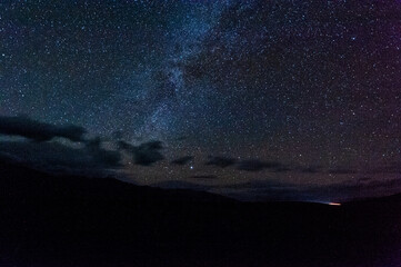 Night shot of the milky galaxy, as seen from Death Valley on a stormy night.