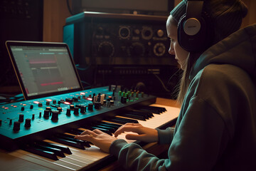 Close up of a musician playing the keyboard in a recording studio, creative, performance, music concept