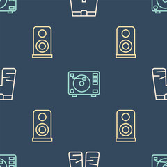 Set line Wide pants, Stereo speaker and Vinyl player with vinyl disk on seamless pattern. Vector