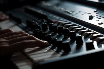 Close up of hands of musician playing on electronic piano keyboard, shallow depth of field, creative, performance, music concept - obrazy, fototapety, plakaty