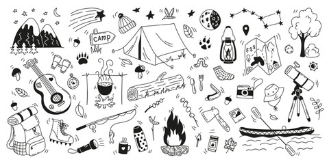 Set hand drawn doodle camping elements. Camping and hiking items. Outdoor recreation concept. Tent, campfire, boat, guitar, bagpack, stars, telescope, map. Flat vector illustration on white background - obrazy, fototapety, plakaty