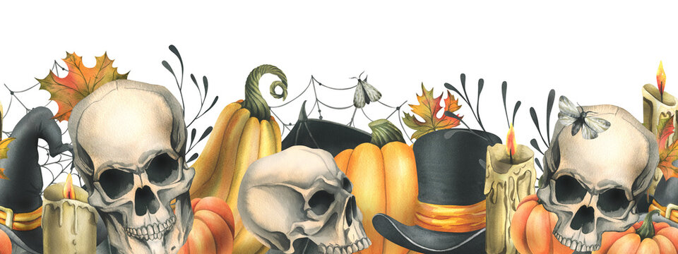 Human skulls with orange pumpkins, candles, night moths, cobwebs and autumn leaves. Hand drawn watercolor illustration for Halloween and Day of the Dead. Seamless border on a white background