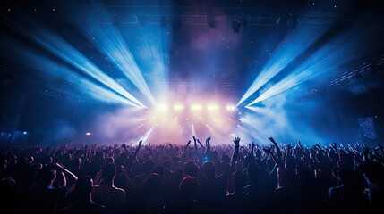 Fototapeta na wymiar Euphoric Concert Crowd Dances Beneath Dazzling Stage Lights at Music Festival Silhouette Sensation