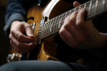 Fototapeta na wymiar Man playing electric guitar, closeup. Musician learning to play, creative, performance, music concept
