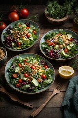 Three plates of fresh and healthy salads on a rustic wooden table