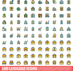 100 luggage icons set. Color line set of luggage vector icons thin line color flat on white