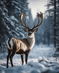Deer in the winter - obrazy, fototapety, plakaty