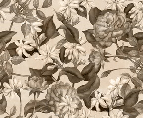 Seamless floral pattern with rose and jasmine drawn in watercolor in vintage botanical style