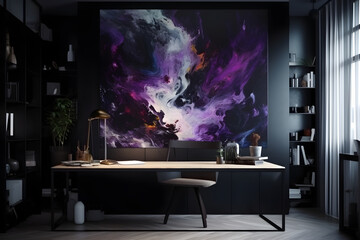 Elegant luxury modern interior design of living room with black walls, concrete floor, panoramic window with purple abstract painting on the wall