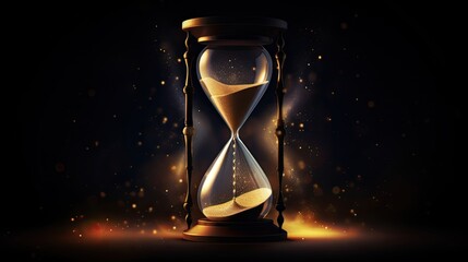 Golden hourglass illustration, dark background, time concept