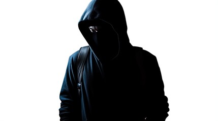 Hacker in the Hood Silhouette in the Dark Isolated on White Background - obrazy, fototapety, plakaty