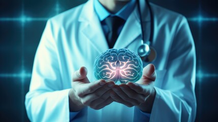 Human brain, doctor holding brain sickness and mental illness diagnosis in neurology, psychiatry, and psychotherapy - obrazy, fototapety, plakaty