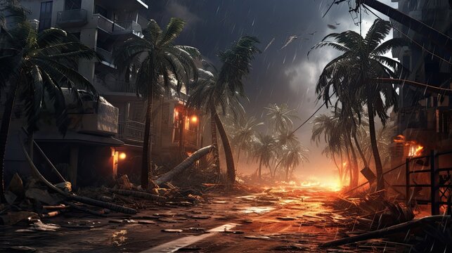 Hurricane Also Called Tornado or Typhoon with Lightnings and Twister in the Storm on a City Street with Palms Natural Disasters in Towns Caused by the Climate Change 3d Illustration Digital Painting