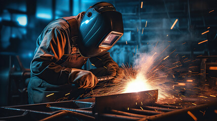 Welder wearing wetsuit and protective mask Welding steel, light, sparks, dark background