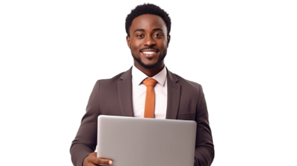 African-american young freelancer businessman student boss working remotely on laptop, watching webinars online. Transparent background or PNG file. Generated by AI