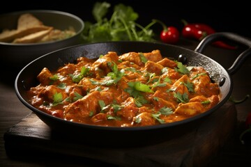 Spicy Indian chicken curry in a balti dish. Generative AI - obrazy, fototapety, plakaty
