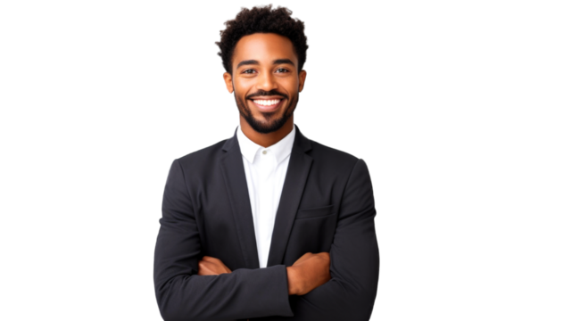 African-american young freelancer businessman student boss working remotely on laptop, watching webinars online. Transparent background or PNG file. Generated by AI