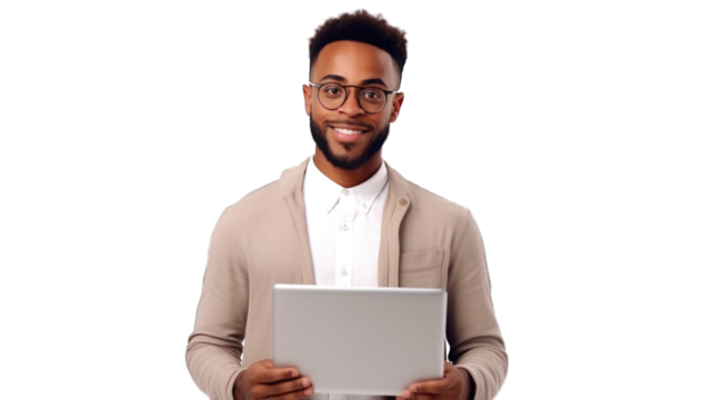 African-american young freelancer businessman student boss working remotely on laptop, watching webinars online. Transparent background or PNG file. Generated by AI