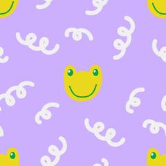 Abstract swirl shapes with frog modern childish seamless pattern. Hand drawn vector illustration. Creative repeatable wallpaper background design