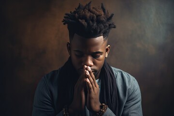 portrait of a young black African man praying isolated on dark background , . High quality photo
