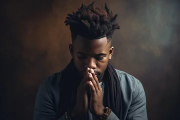 Fotobehang portrait of a young black African man praying isolated on dark background , . High quality photo © Eva Corbella