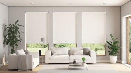 Interior Roller Blinds Are Installed in the Living Room Featuring White Colored Roller Shades on the Windows within the Same Room There Are Also a Houseplant and a Sofa Present to Add to the