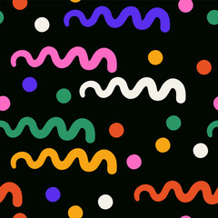 Abstract modern seamless pattern with doodle wavy lines and dots. Hand drawn vector illustration. Creative repeatable wallpaper background design