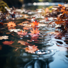 Multicolored autumn leaves in the water of the lake in the pond