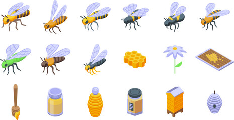 Bee icons set isometric vector. Buzz fly. Cute flying insect © ylivdesign