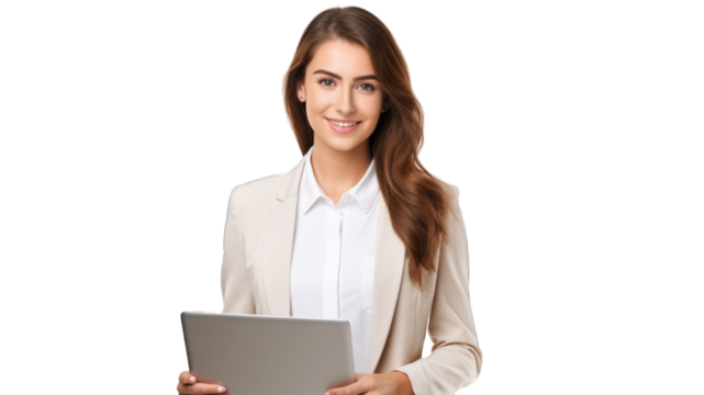 Portrait of young smiling woman holding laptop and looking at the camera. Transparent background or PNG file. Generated by AI