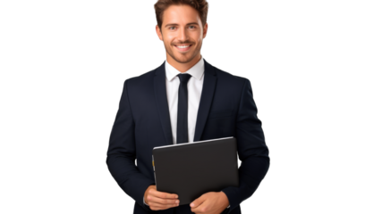 Portrait of young smiling man holding laptop and looking at the camera. Transparent background or PNG file. Generated by AI