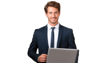 Portrait of young smiling man holding laptop and looking at the camera. Transparent background or PNG file. Generated by AI