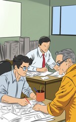 A group of people brainstorming and discussing ideas for a new product,people working in office,people meeting,illustration of people working in office,illustration of people meeting in office