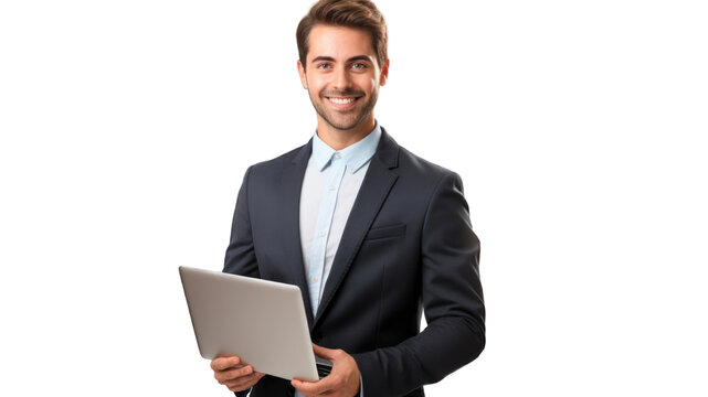 Portrait of young smiling man holding laptop and looking at the camera. Transparent background or PNG file. Generated by AI
