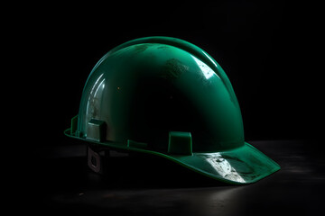 Green hard hat isolated on black background with copy space. Industrial concept, work protection, construction safety industry concept