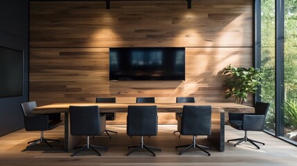 Technology and Elegance: Conference Room with a Grand TV Screen, Wooden Accents, and Sleek Black Chairs - obrazy, fototapety, plakaty