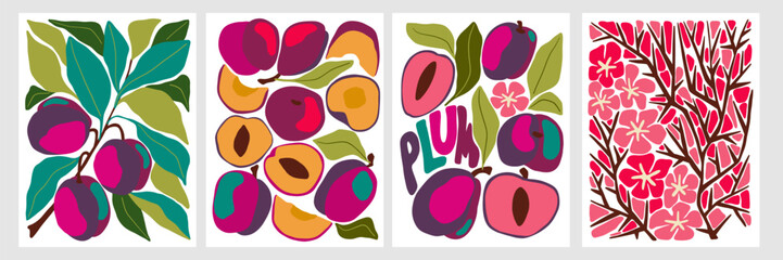 Abstract vector illustration set of plums, leaves and flowers. Abstract harvest poster set. Vegetable market. Abstract plums vector art