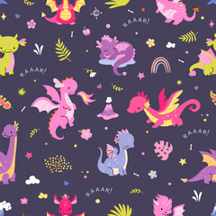 Cartoon dragon seamless pattern. Cute dragons and rainbow childish fabric print. Mythology animal characters, funny flat nowaday vector template