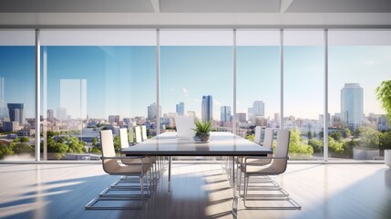 Cityscape Elegance: Furnished White Conference Room with Table, Chairs, and a Spectacular View Overlooking the City