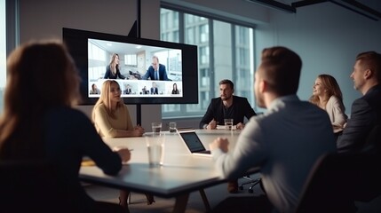 Connecting the World: Global Corporation Online Videoconference in a Modern Office – Multicultural Collaboration at its Best - obrazy, fototapety, plakaty