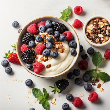 Tasty granola yogurt and fresh berries in bowl on white background