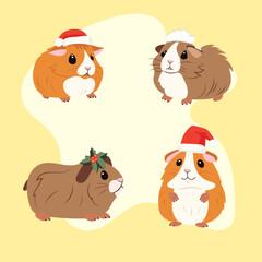 Set of four stickers of cute guinea pigs with Santa Claus hats or New Year's mistletoe on their heads on a yellow background