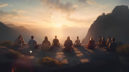 Diverse group of corporate business people practicing mindfulness and meditation in serene mountain environment. Tranquility of nature, away from the corporate world for mental peace and strength.