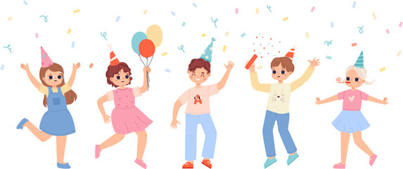 Isolated birthday children characters jumping under falling confetti. Funny kids with balloons clapperboard, happy toddler snugly vector banner