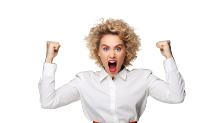 Successful business woman rejoicing, raising hands up and celebrating victory, winning something. Transparent background or PNG file. Generated by AI